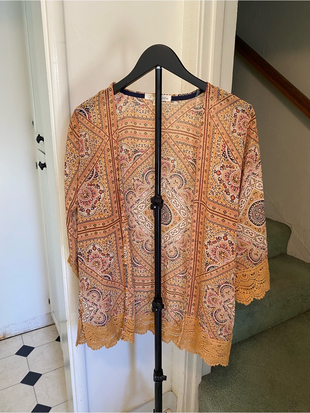 Women’s Rewind Mustard Paisley Open-Front Kimono, size XS,lightweight